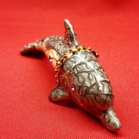 Metal Enamel Dolphin Trinket Box Hinged Rhinestone Accents - Picture 1 of 15